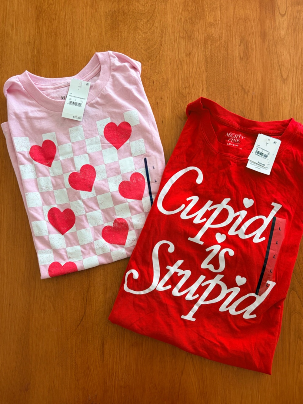 Red "Cupid is Striped" Graphic Tee + Pink Heart Checker Tee